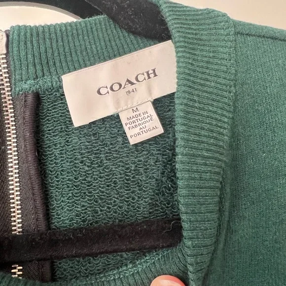Coach Embroidered Green Crewneck Sweater with Zipper Pull - Picture 5 of 15